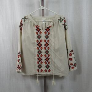 Main Strip Medium Cotton Cream Long Sleeve Embroidered Peasant Blouse Boho